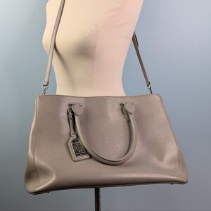 Lauren Ralph Lauren Newbury Double Zip Satchel in gray crosshatch Saffiano-style